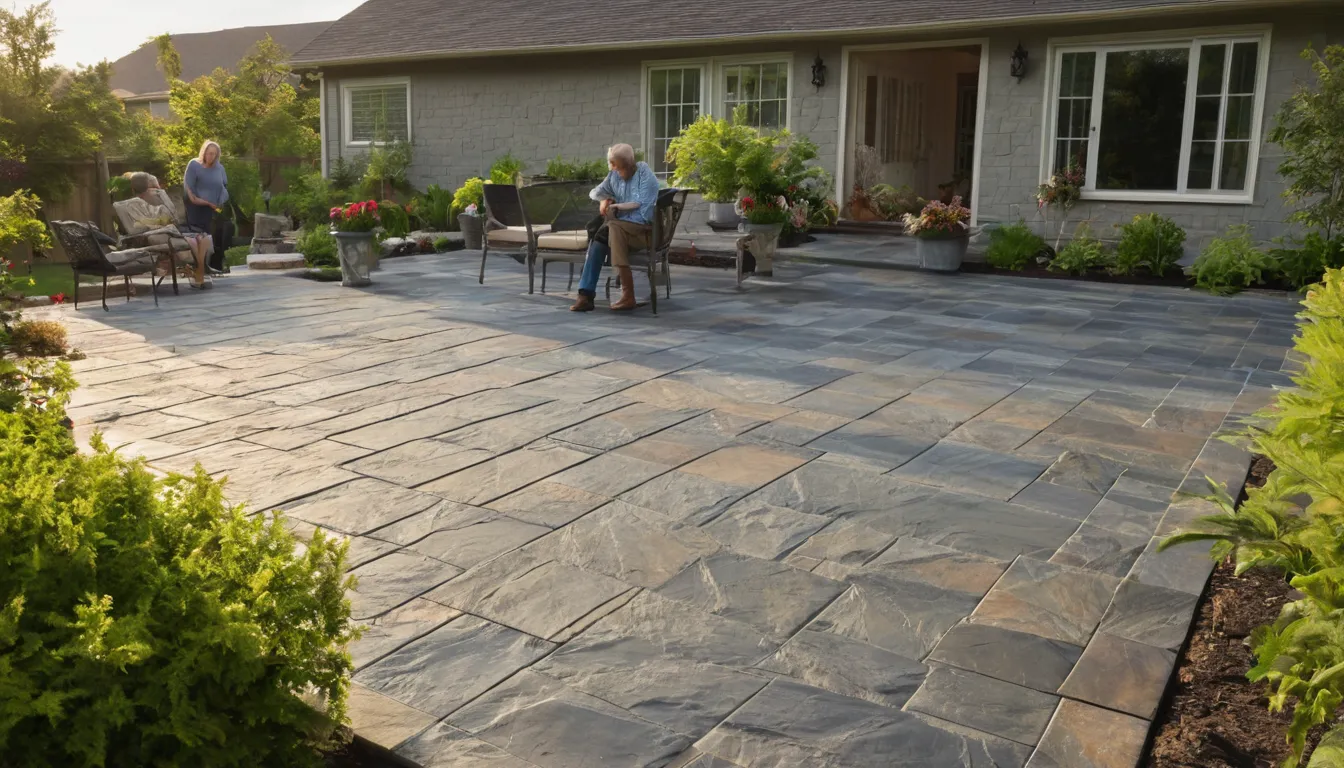 Stamped concrete patio behind an older frame home in the Chenequa area